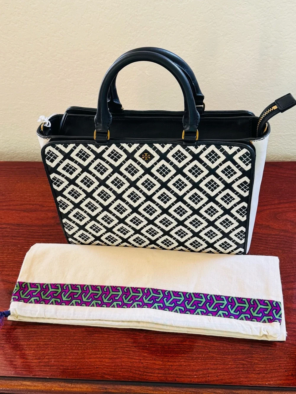 Tory Burch Black & White Geometric Tote with Removable Strap
